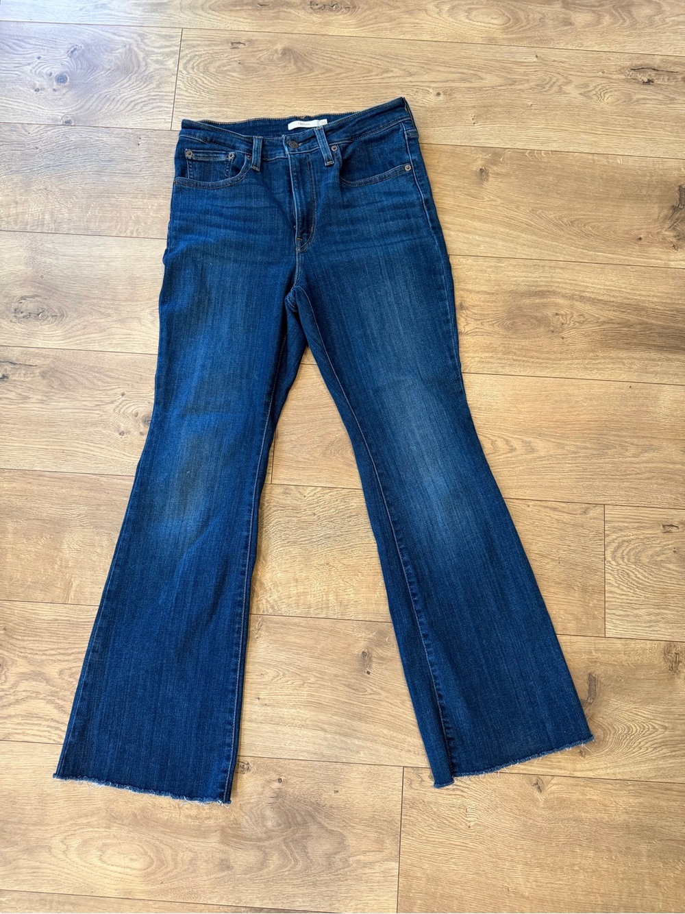 Levi's 726 High Rise Flare Jeans Blue Raw Hem Size 30 Boho Retro Denim